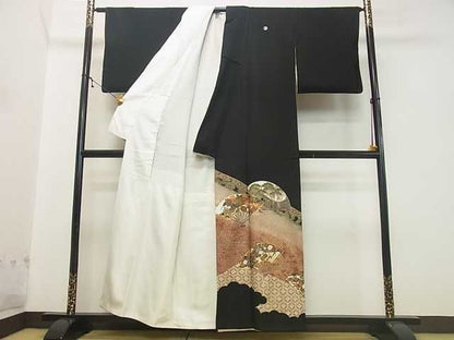 平和屋着物■豪華黒留袖　駒刺繍　扇面草花文　金銀彩　逸品　DAAD7046ud