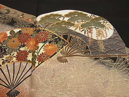 平和屋着物■豪華黒留袖　駒刺繍　扇面草花文　金銀彩　逸品　DAAD7046ud