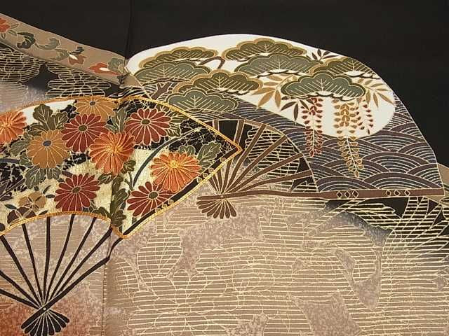 平和屋着物■豪華黒留袖　駒刺繍　扇面草花文　金銀彩　逸品　DAAD7046ud