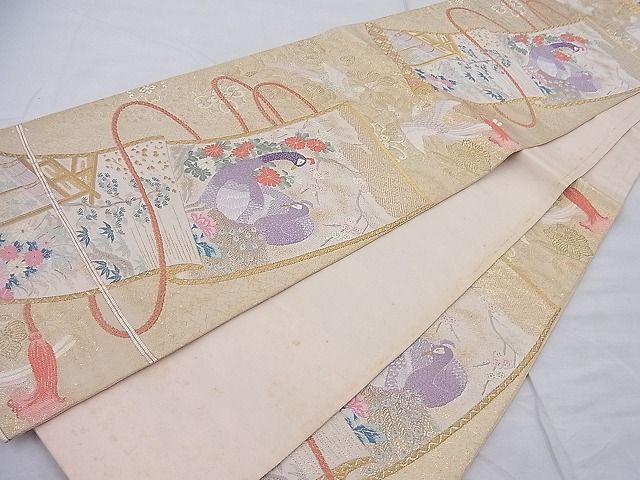 平和屋着物◎六通柄袋帯 唐織 花鳥図絵巻文 金糸 逸品 BAAE2601ea
