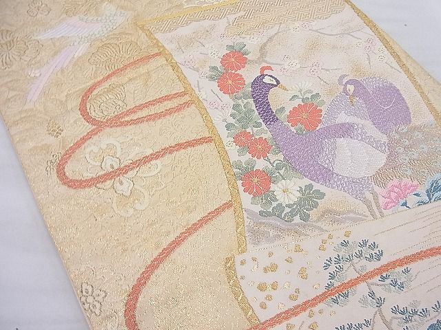平和屋着物◎六通柄袋帯 唐織 花鳥図絵巻文 金糸 逸品 BAAE2601ea