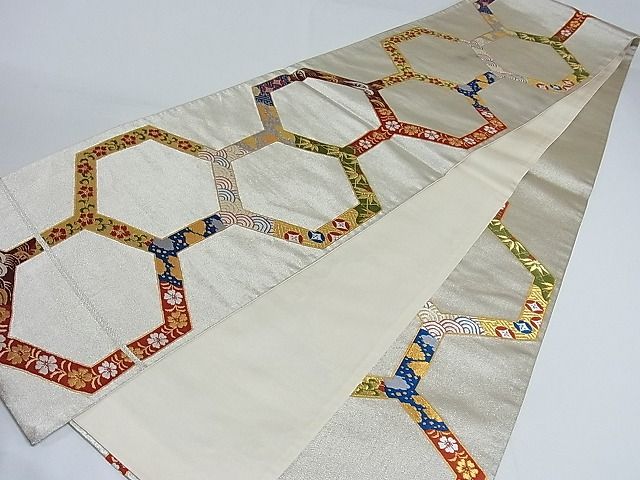 平和屋着物◎六通柄袋帯 吉祥花亀甲文 金銀糸 正絹 逸品 AAAF0527Asx