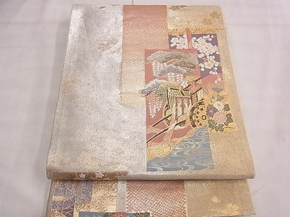 平和屋着物◎六通柄袋帯 唐織 短冊几帳草花文 金糸 逸品 BAAD2249ns