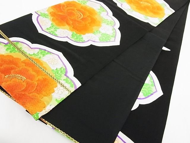 平和屋着物◎六通柄袋帯 唐織 草花文 黒地 金糸 正絹 逸品 AAAF7628Ast