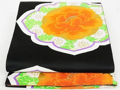 平和屋着物◎六通柄袋帯 唐織 草花文 黒地 金糸 正絹 逸品 AAAF7628Ast