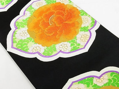 平和屋着物◎六通柄袋帯 唐織 草花文 黒地 金糸 正絹 逸品 AAAF7628Ast