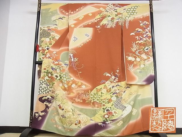 平和屋本店●極上　創業460年・千總　振袖　駒刺繍　花鳥風景文　暈し染め　金彩　正絹　逸品　KAAA0890kk4