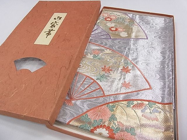 平和屋着物◎六通柄袋帯 唐織 扇面草花文 金銀糸 紙箱付き 逸品 CAAB9127dx