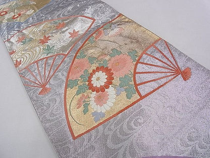 平和屋着物◎六通柄袋帯 唐織 扇面草花文 金銀糸 紙箱付き 逸品 CAAB9127dx