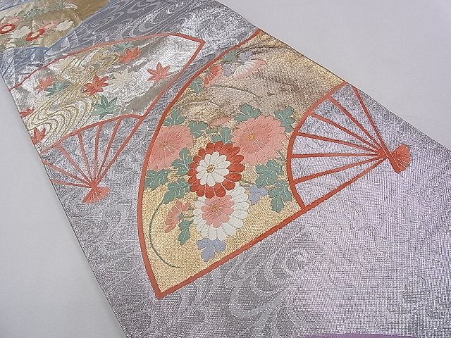 平和屋着物◎六通柄袋帯 唐織 扇面草花文 金銀糸 紙箱付き 逸品 CAAB9127dx