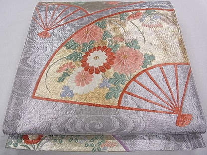 平和屋着物◎六通柄袋帯 唐織 扇面草花文 金銀糸 紙箱付き 逸品 CAAB9127dx
