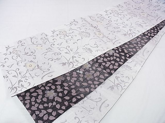 平和屋本店■極上　両面全通柄袋帯　全通三重織　スリーシーズン帯　花唐草文　桜　兎　ほていや扱い　反端付き　逸品　未使用 DZAA0680kh4