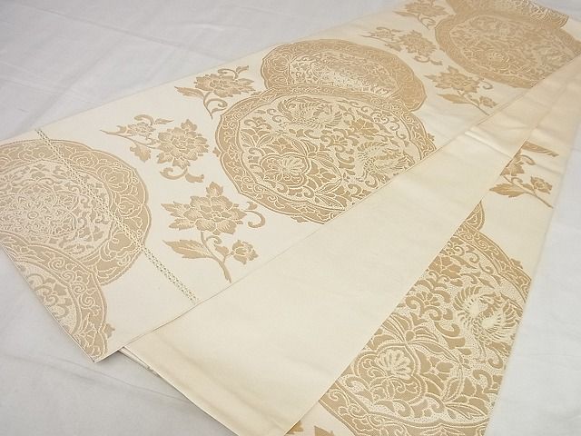 平和屋着物◎六通柄 本袋帯 双鳥花絵皿文 金糸 正絹 逸品 AAAF3555Bgw