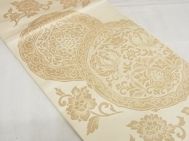 平和屋着物◎六通柄 本袋帯 双鳥花絵皿文 金糸 正絹 逸品 AAAF3555Bgw