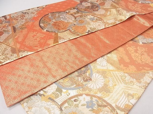平和屋着物◎佐賀錦 六通柄袋帯 裂取花の丸 金糸 逸品