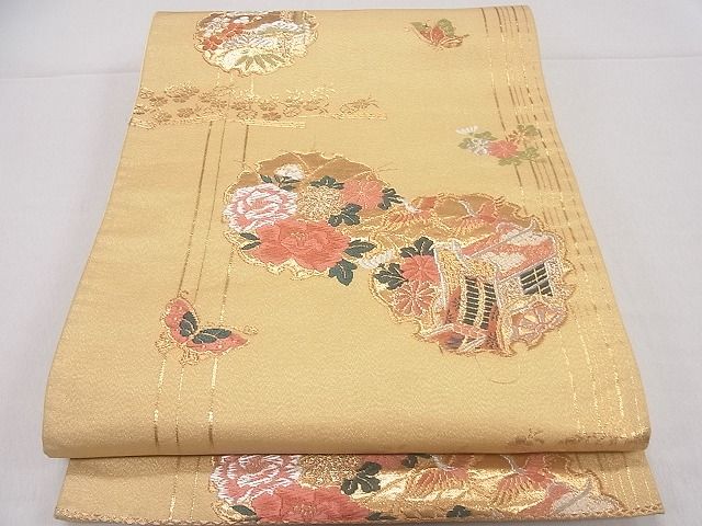 平和屋着物◎六通柄袋帯 雪輪飛鶴花蝶文 金銀糸 逸品 CAAD9258ev