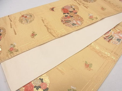 平和屋着物◎六通柄袋帯 雪輪飛鶴花蝶文 金銀糸 逸品 CAAD9258ev