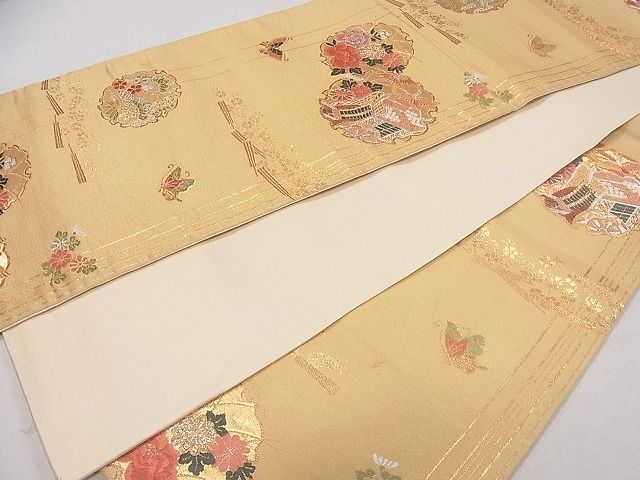平和屋着物◎六通柄袋帯 雪輪飛鶴花蝶文 金銀糸 逸品 CAAD9258ev