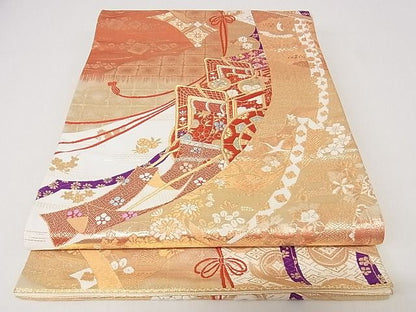 平和屋着物◎六通柄袋帯 御所車飛鳥花文 金銀糸 正絹 逸品 AAAF7490Apf