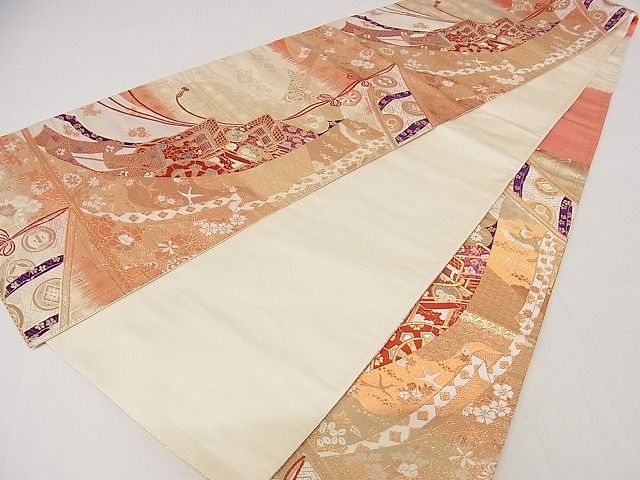 平和屋着物◎六通柄袋帯 御所車飛鳥花文 金銀糸 正絹 逸品 AAAF7490Apf
