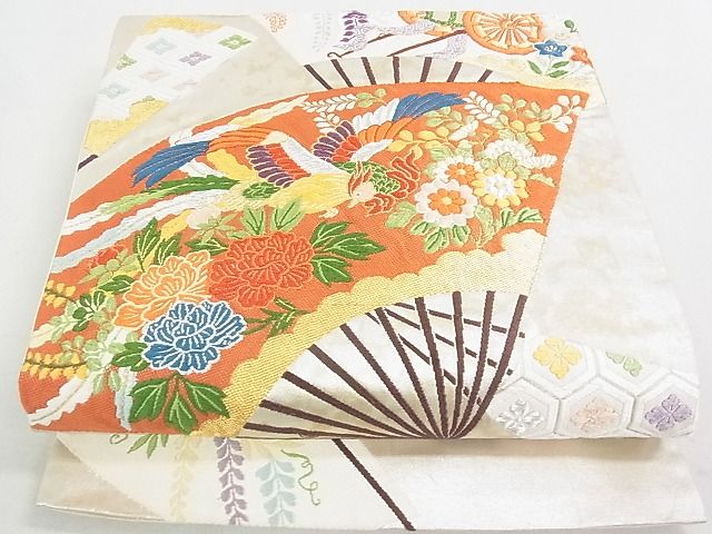 平和屋着物◎六通柄袋帯 唐織 扇面鳳凰御所車花文 金銀糸 逸品 DAAD8107cm