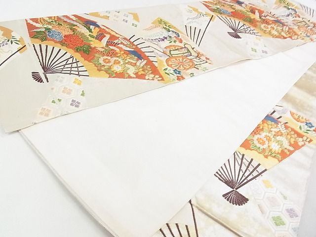 平和屋着物◎六通柄袋帯 唐織 扇面鳳凰御所車花文 金銀糸 逸品 DAAD8107cm