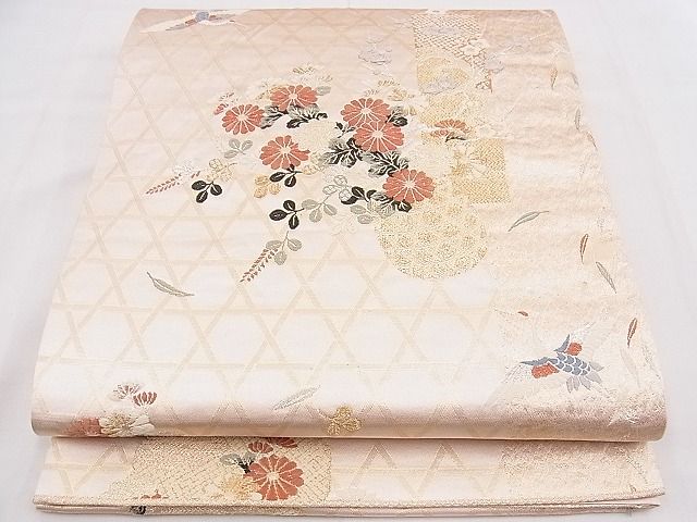 平和屋着物◎六通柄袋帯 唐織 短冊飛鶴花籠文 金銀糸 逸品 BAAE0108hz