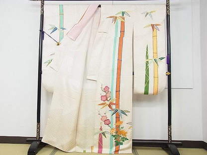 平和屋本店●希少　振袖　染刺工芸　大羊居　東京友禅　駒刺繍　笹竹枝梅草花文　金彩　逸品　CZAA0194s4