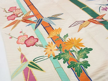 平和屋本店●希少　振袖　染刺工芸　大羊居　東京友禅　駒刺繍　笹竹枝梅草花文　金彩　逸品　CZAA0194s4