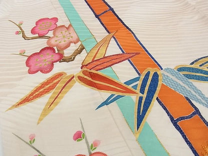 平和屋本店●希少　振袖　染刺工芸　大羊居　東京友禅　駒刺繍　笹竹枝梅草花文　金彩　逸品　CZAA0194s4