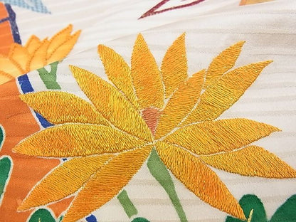 平和屋本店●希少　振袖　染刺工芸　大羊居　東京友禅　駒刺繍　笹竹枝梅草花文　金彩　逸品　CZAA0194s4