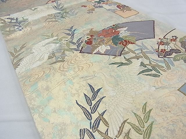 平和屋着物◎六通柄袋帯 唐織 白鷺地紙花文 金銀糸 逸品 BAAE3291du
