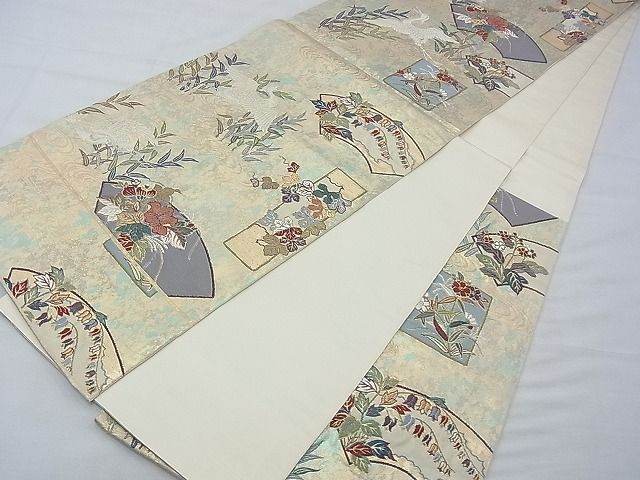 平和屋着物◎六通柄袋帯 唐織 白鷺地紙花文 金銀糸 逸品 BAAE3291du