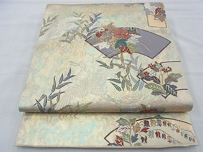 平和屋着物◎六通柄袋帯 唐織 白鷺地紙花文 金銀糸 逸品 BAAE3291du