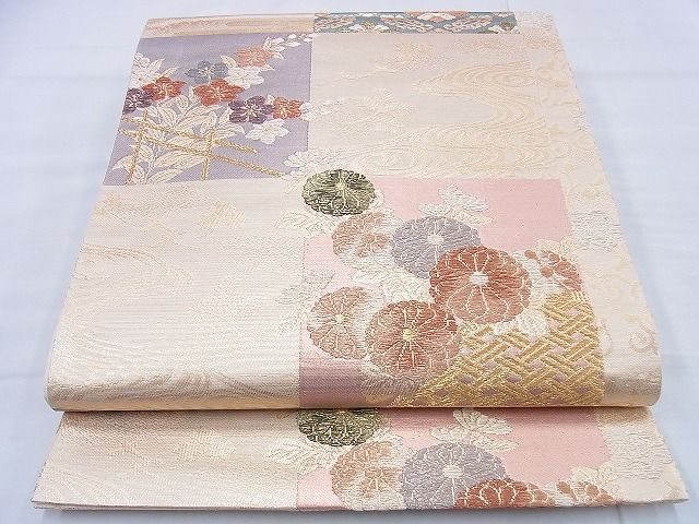 平和屋着物◎六通柄袋帯 唐織 市松四季花唐草文 金糸 逸品 BAAE3307du