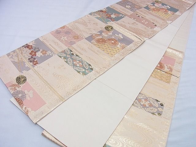 平和屋着物◎六通柄袋帯 唐織 市松四季花唐草文 金糸 逸品 BAAE3307du