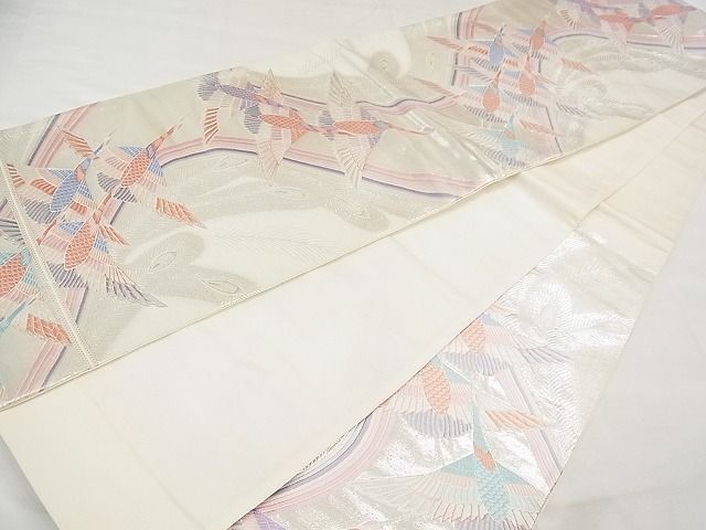 平和屋着物◎六通柄袋帯 唐織 飛鶴孔雀羽文 銀糸 逸品 CAAD5461vf