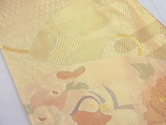 平和屋着物◎佐賀錦 太鼓柄袋帯 地紙鴛鴦花文 金糸 逸品 BAAE2772ea