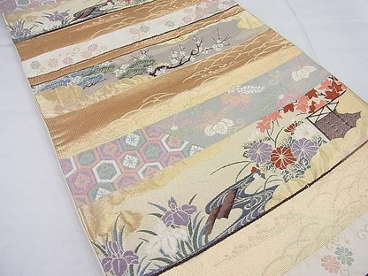 平和屋着物◎六通柄袋帯 唐織り 横段吉祥草花文 金糸 逸品 BAAE2797ea