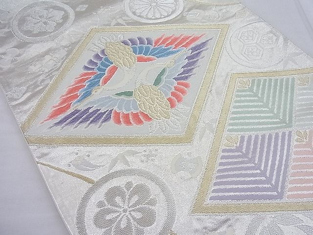 平和屋着物◎六通柄袋帯 唐織 向かい鶴菱文様 金銀糸 逸品 BAAE4232ea