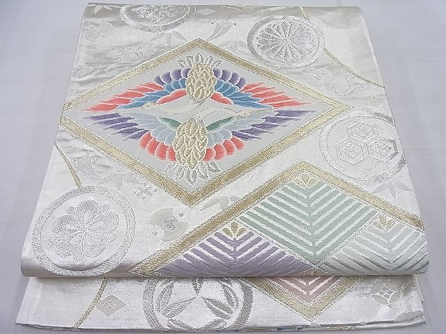 平和屋着物◎六通柄袋帯 唐織 向かい鶴菱文様 金銀糸 逸品 BAAE4232ea
