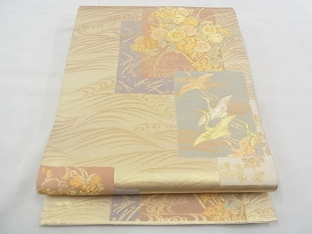 平和屋着物◎六通柄袋帯 色紙取鶴菊文 金糸 逸品 BAAE5818jm