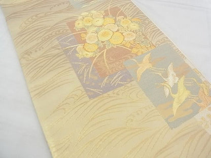 平和屋着物◎六通柄袋帯 色紙取鶴菊文 金糸 逸品 BAAE5818jm
