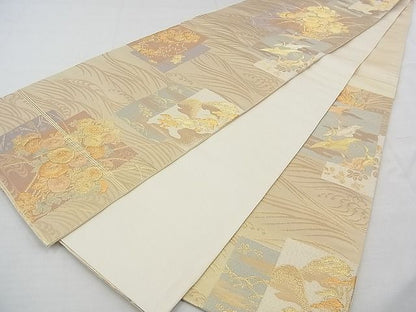 平和屋着物◎六通柄袋帯 色紙取鶴菊文 金糸 逸品 BAAE5818jm