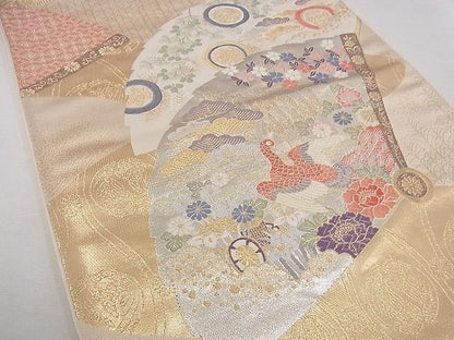 平和屋着物◎六通柄袋帯　唐織　扇面孔雀花文　金銀糸　正絹　逸品　AAAF5661Asg