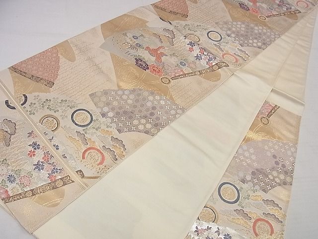 平和屋着物◎六通柄袋帯　唐織　扇面孔雀花文　金銀糸　正絹　逸品　AAAF5661Asg