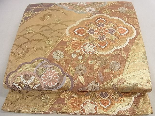 平和屋着物◎両面柄袋帯 慶長重ね 井桁瑞華文 金糸 逸品 DAAD7341ud