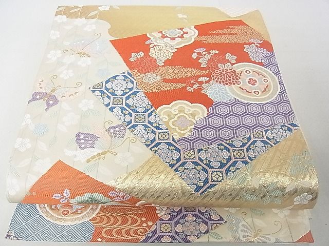 平和屋着物◎六通柄袋帯 色紙重ね 舞蝶花文 金糸 逸品 DAAD4212we