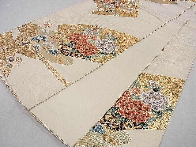平和屋着物◎六通柄袋帯 唐織 絵巻飛鶴草花文 金銀糸