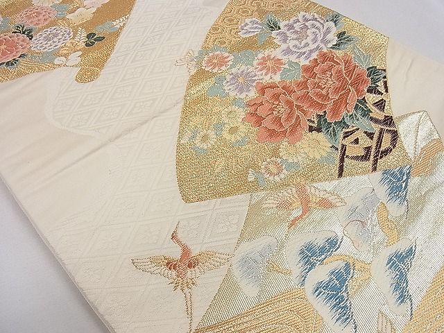 平和屋着物◎六通柄袋帯 唐織 絵巻飛鶴草花文 金銀糸